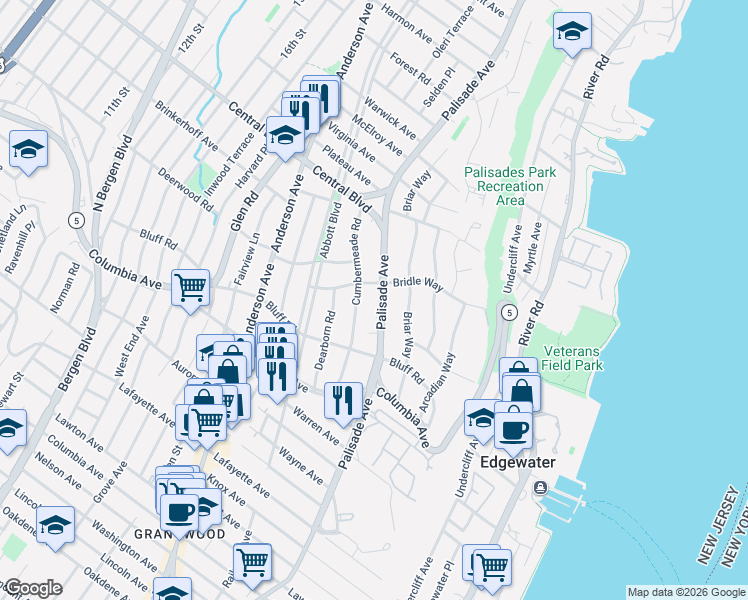 map of restaurants, bars, coffee shops, grocery stores, and more near 1095 Palisade Avenue in Fort Lee