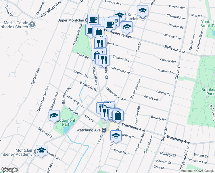 map of restaurants, bars, coffee shops, grocery stores, and more near 463 Valley Road in Montclair