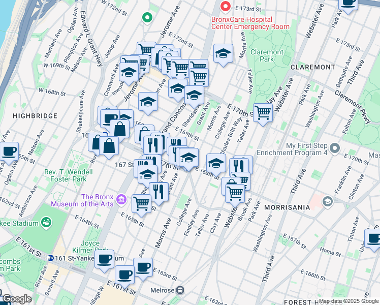 map of restaurants, bars, coffee shops, grocery stores, and more near 1268 Grant Avenue in The Bronx