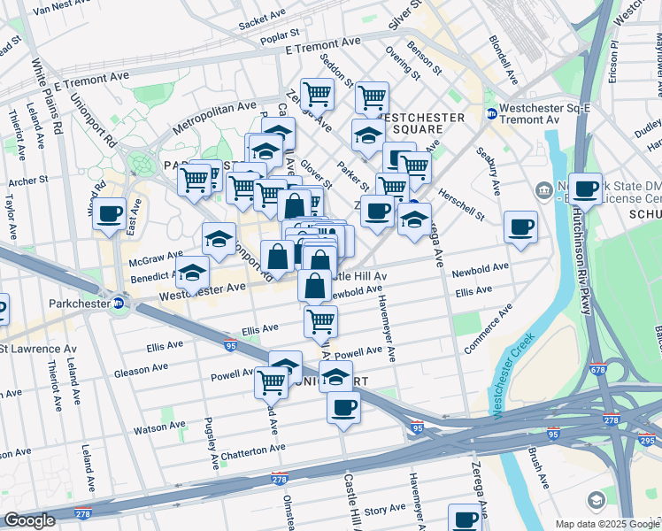 map of restaurants, bars, coffee shops, grocery stores, and more near 2241 Westchester Avenue in Bronx