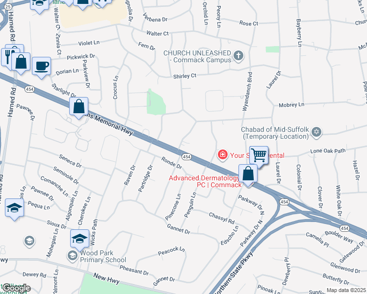 map of restaurants, bars, coffee shops, grocery stores, and more near 5 Maplelawn Drive in Smithtown