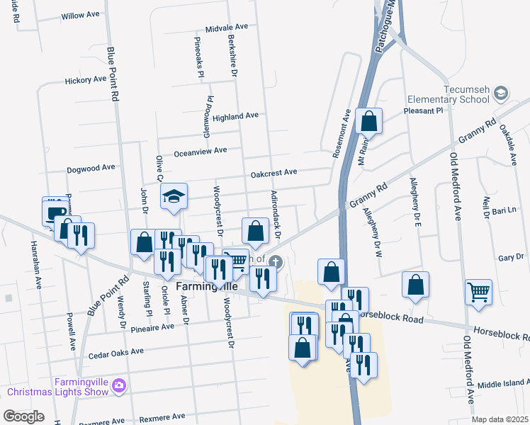 map of restaurants, bars, coffee shops, grocery stores, and more near 24 Pinelawn Avenue in Farmingville