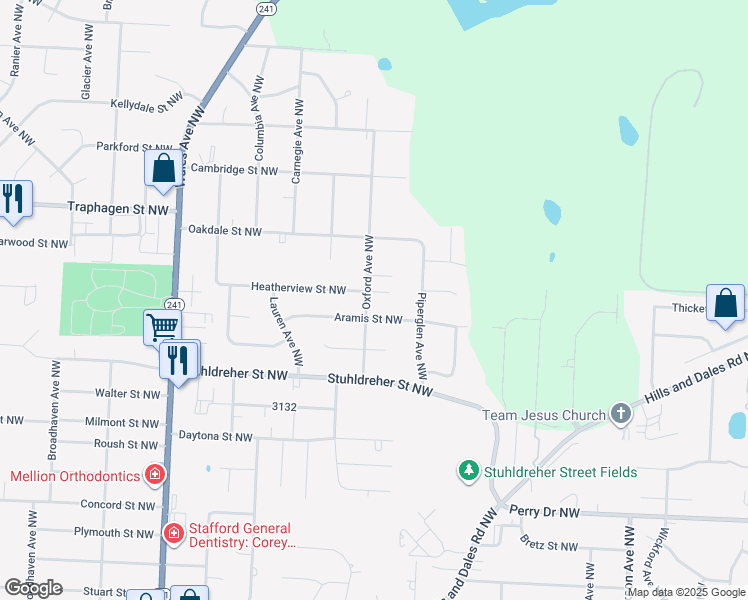 map of restaurants, bars, coffee shops, grocery stores, and more near 7654 Heatherview Street Northwest in Massillon