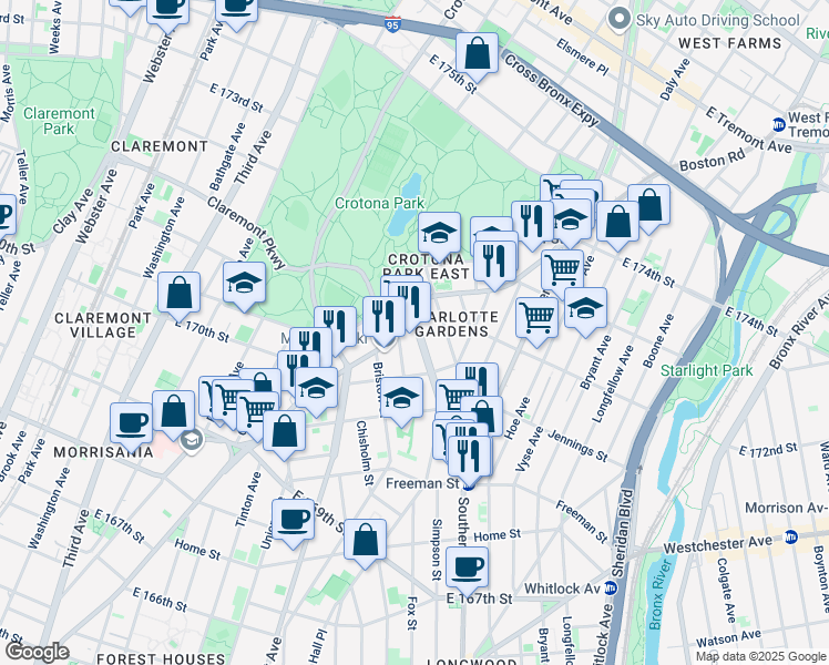 map of restaurants, bars, coffee shops, grocery stores, and more near 1494 Boston Road in Bronx