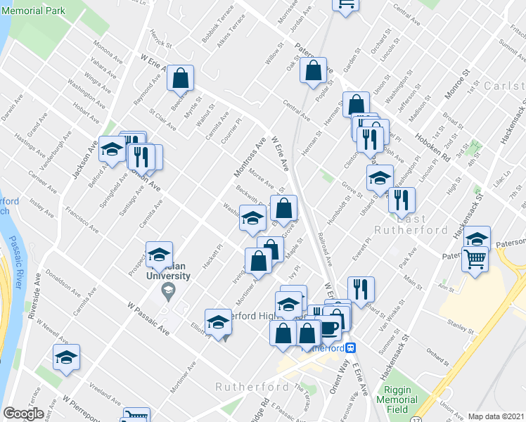 map of restaurants, bars, coffee shops, grocery stores, and more near 62 Wood Street in Rutherford