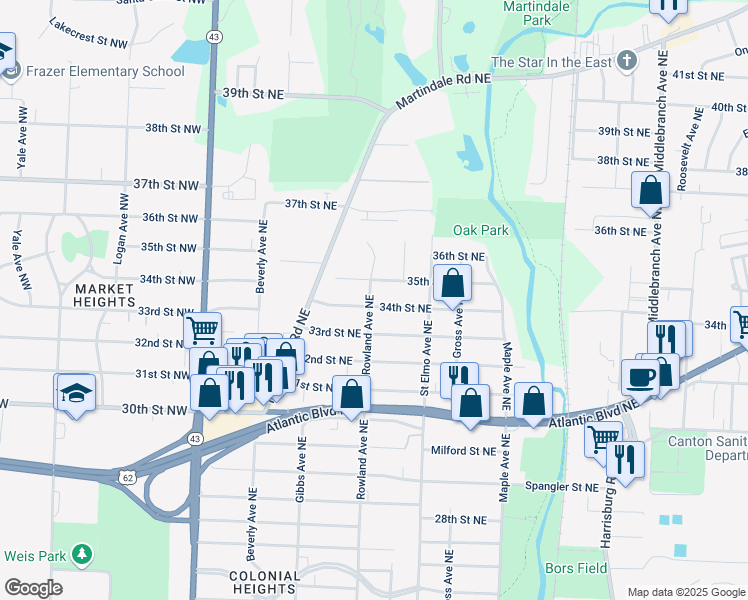 map of restaurants, bars, coffee shops, grocery stores, and more near 1303 34th Street Northeast in Canton