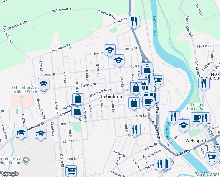 map of restaurants, bars, coffee shops, grocery stores, and more near 401 Mahoning Street in Lehighton