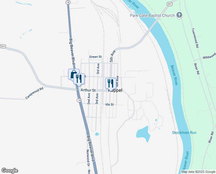 map of restaurants, bars, coffee shops, grocery stores, and more near 5430 5th Avenue in Koppel
