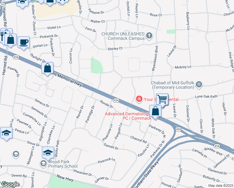 map of restaurants, bars, coffee shops, grocery stores, and more near 5 Maplelawn Drive in Smithtown