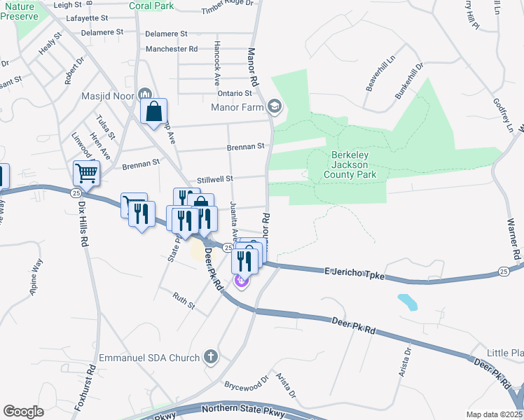 map of restaurants, bars, coffee shops, grocery stores, and more near 257 Manor Road in Huntington
