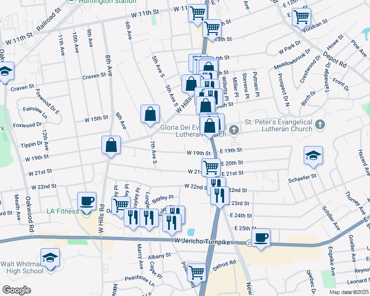 map of restaurants, bars, coffee shops, grocery stores, and more near 43 West 19th Street in Huntington Station