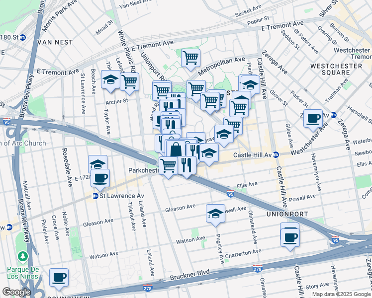 map of restaurants, bars, coffee shops, grocery stores, and more near 1332 Metropolitan Avenue in The Bronx