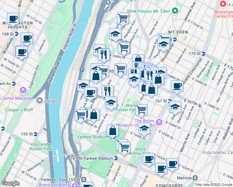 map of restaurants, bars, coffee shops, grocery stores, and more near in The Bronx