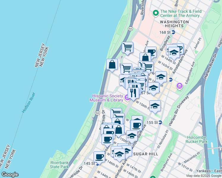 map of restaurants, bars, coffee shops, grocery stores, and more near 765 Riverside Drive in New York