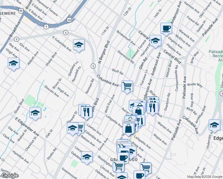 map of restaurants, bars, coffee shops, grocery stores, and more near 808 Kingsland Avenue in Ridgefield