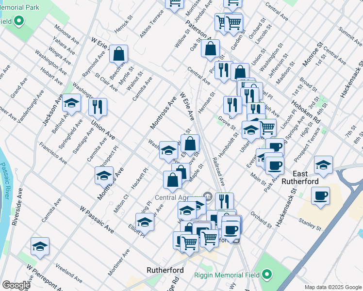 map of restaurants, bars, coffee shops, grocery stores, and more near 62 Wood Street in Rutherford