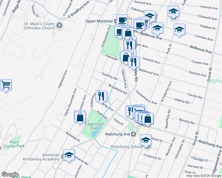 map of restaurants, bars, coffee shops, grocery stores, and more near 85 Edgemont Road in Montclair