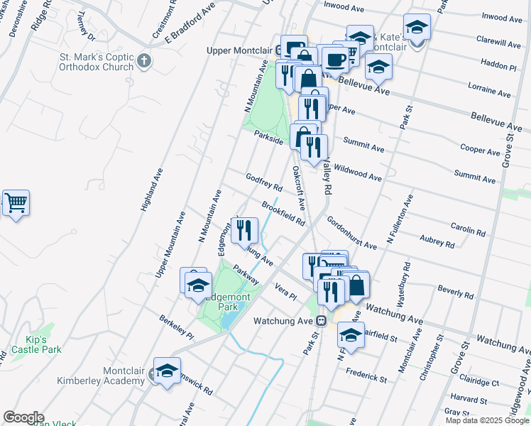 map of restaurants, bars, coffee shops, grocery stores, and more near 85 Edgemont Road in Montclair
