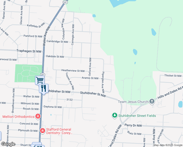 map of restaurants, bars, coffee shops, grocery stores, and more near 7654 Heatherview Street Northwest in Massillon