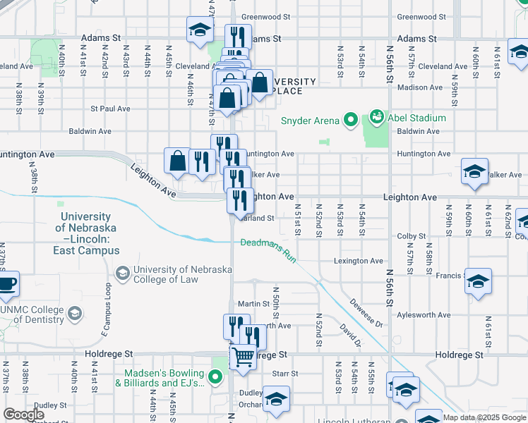 map of restaurants, bars, coffee shops, grocery stores, and more near 4830 Garland Street in Lincoln