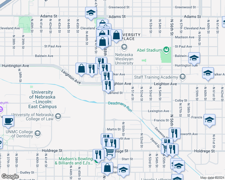 map of restaurants, bars, coffee shops, grocery stores, and more near 4830 Garland Street in Lincoln