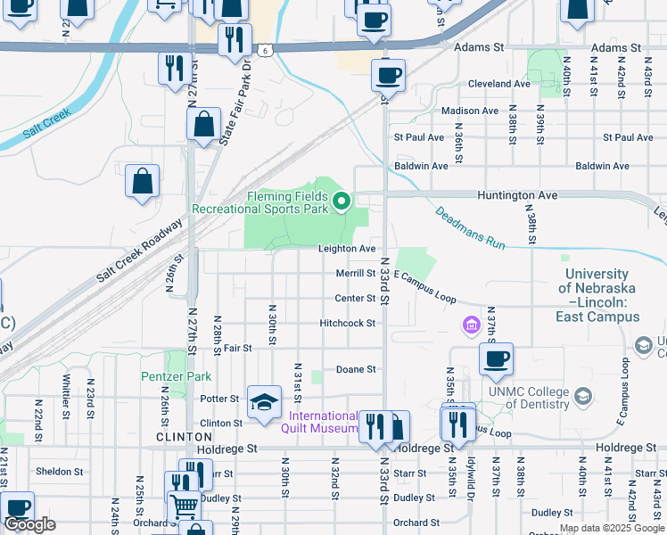 map of restaurants, bars, coffee shops, grocery stores, and more near 2201 Griffith Street in Lincoln