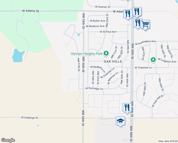 map of restaurants, bars, coffee shops, grocery stores, and more near 2126 Northwest 55th Street in Lincoln