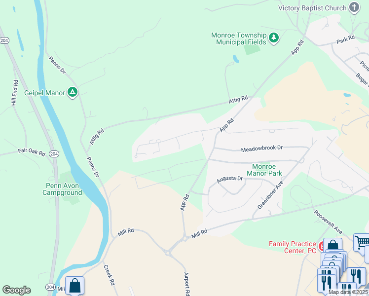 map of restaurants, bars, coffee shops, grocery stores, and more near 23 Kingswood Drive in Selinsgrove