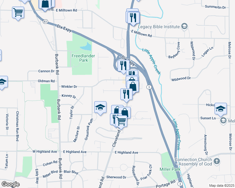 map of restaurants, bars, coffee shops, grocery stores, and more near 685 Ridgewood Drive in Wooster