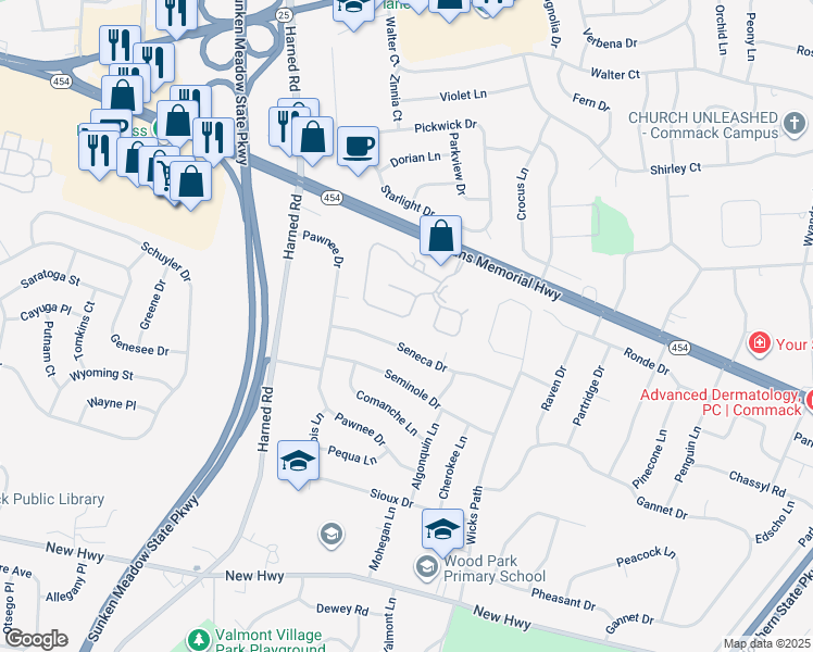 map of restaurants, bars, coffee shops, grocery stores, and more near 64 Scarlett Way in Commack