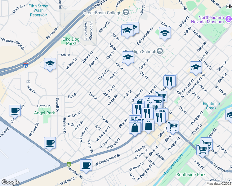 map of restaurants, bars, coffee shops, grocery stores, and more near 393 Cedar Street in Elko