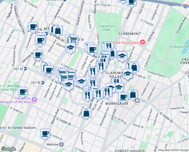 map of restaurants, bars, coffee shops, grocery stores, and more near in The Bronx