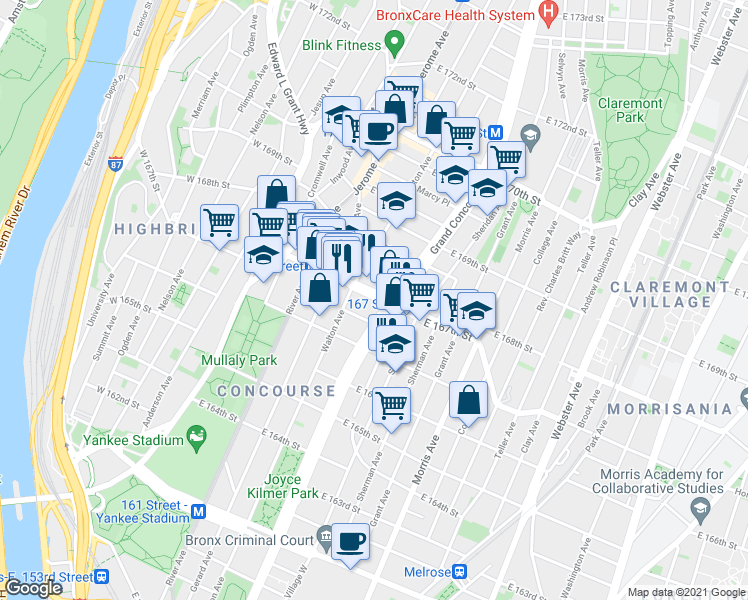 map of restaurants, bars, coffee shops, grocery stores, and more near 136B East 167th Street in The Bronx