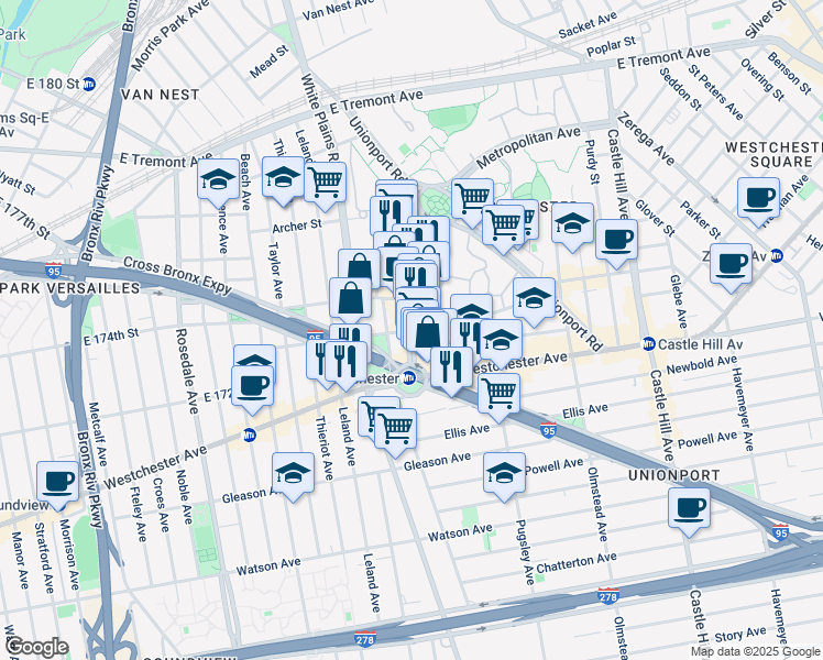 map of restaurants, bars, coffee shops, grocery stores, and more near Metropolitan Ave & McGraw Ave in Bronx