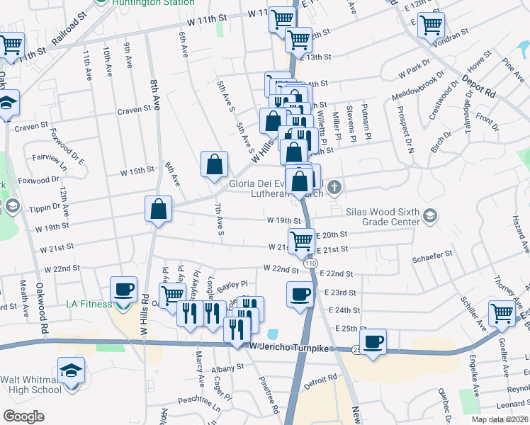 map of restaurants, bars, coffee shops, grocery stores, and more near 43 West 19th Street in Huntington Station