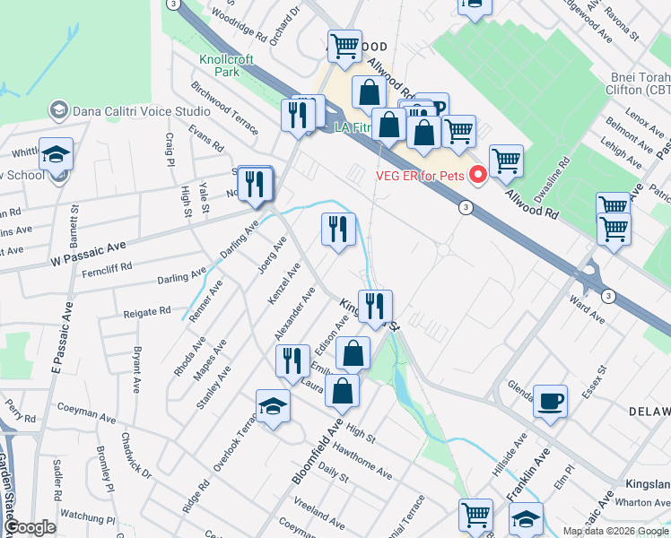 map of restaurants, bars, coffee shops, grocery stores, and more near 20 Windsor Place in Nutley