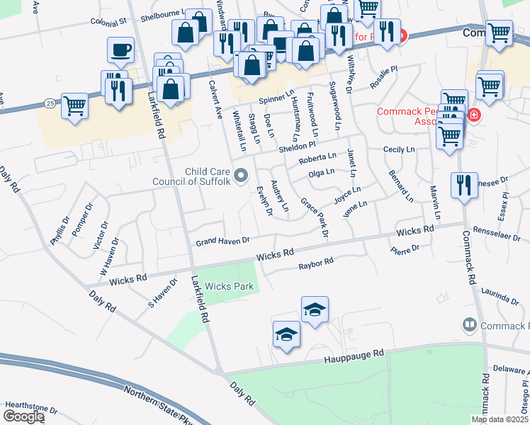 map of restaurants, bars, coffee shops, grocery stores, and more near 27 Evelyn Drive in Commack