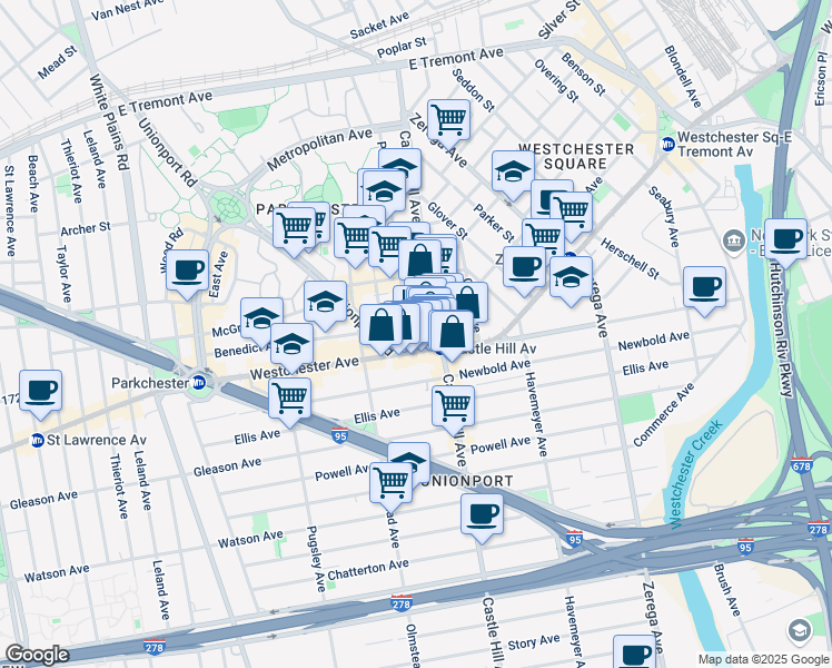 map of restaurants, bars, coffee shops, grocery stores, and more near 2172 Westchester Avenue in The Bronx