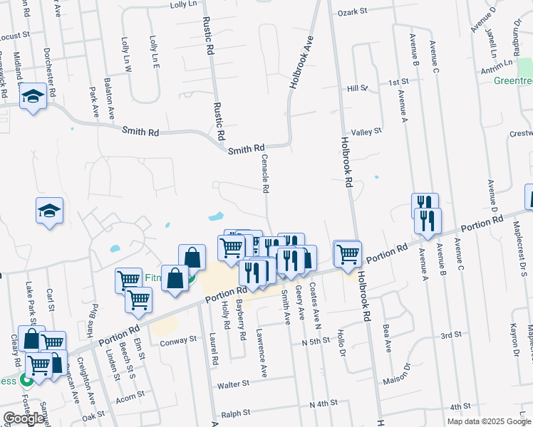 map of restaurants, bars, coffee shops, grocery stores, and more near 310 Cenacle Road in Ronkonkoma