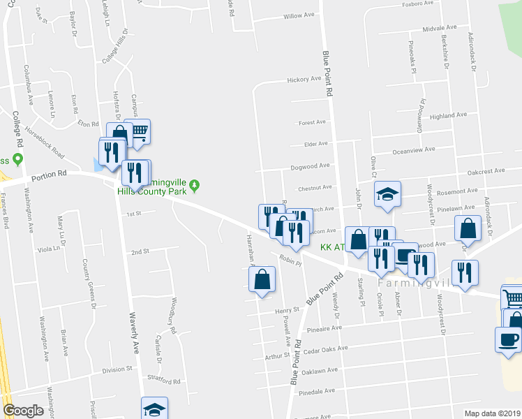map of restaurants, bars, coffee shops, grocery stores, and more near 260 Lidge Drive in Farmingville