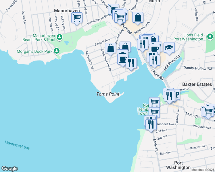 map of restaurants, bars, coffee shops, grocery stores, and more near 1 Toms Point Lane in Port Washington