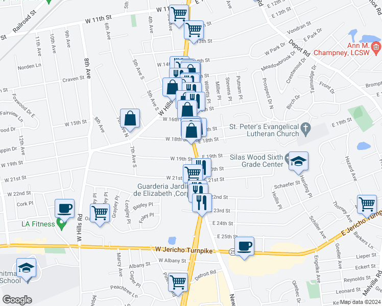 map of restaurants, bars, coffee shops, grocery stores, and more near 1959 New York Avenue in Huntington Station