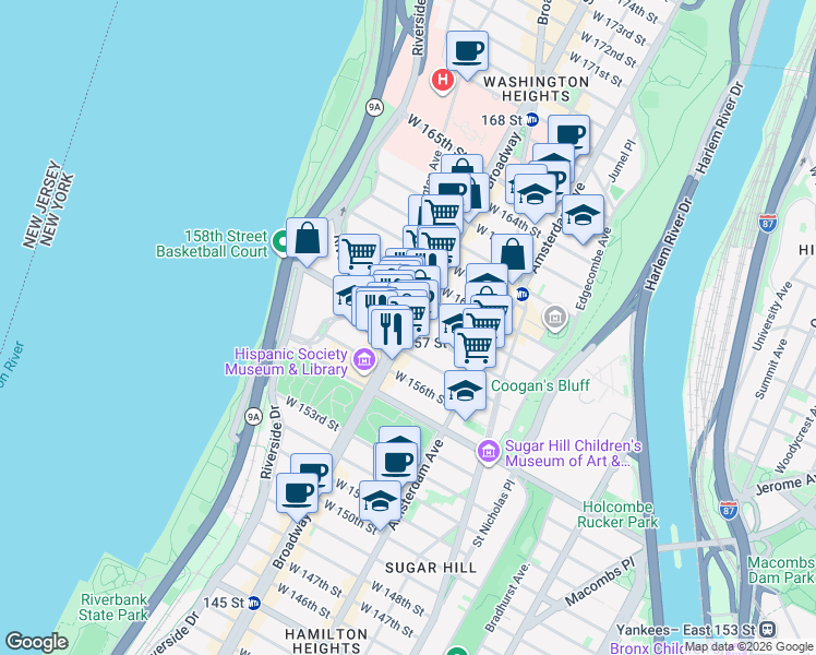 map of restaurants, bars, coffee shops, grocery stores, and more near 3798 Broadway in New York