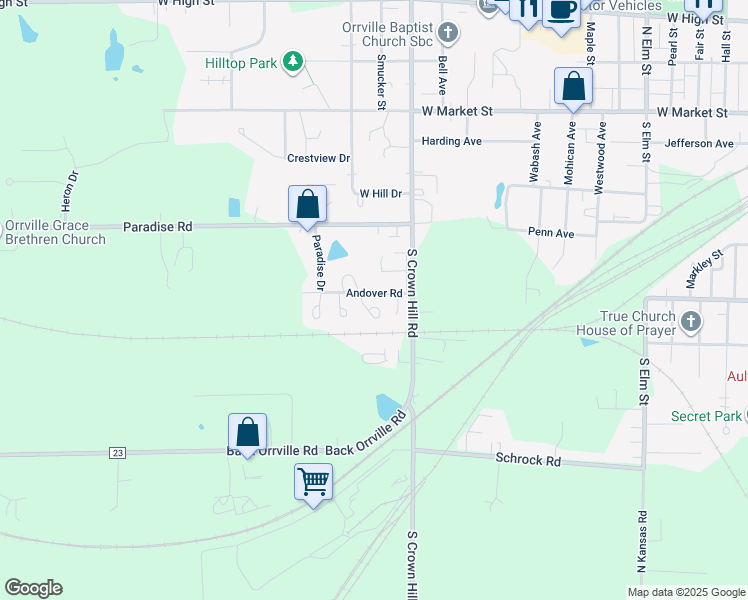 map of restaurants, bars, coffee shops, grocery stores, and more near 408 Danvers Court in Orrville