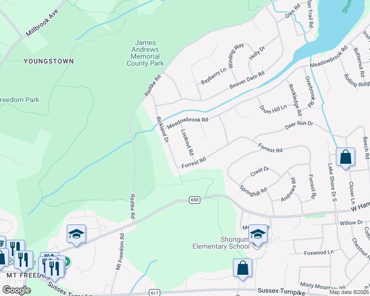 map of restaurants, bars, coffee shops, grocery stores, and more near 10 Lookout Road in Randolph