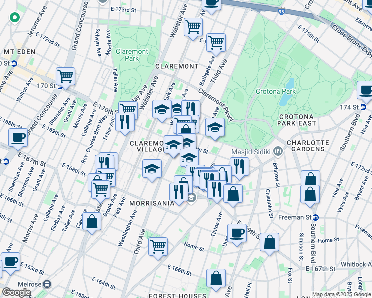 map of restaurants, bars, coffee shops, grocery stores, and more near 3674 3rd Avenue in Bronx