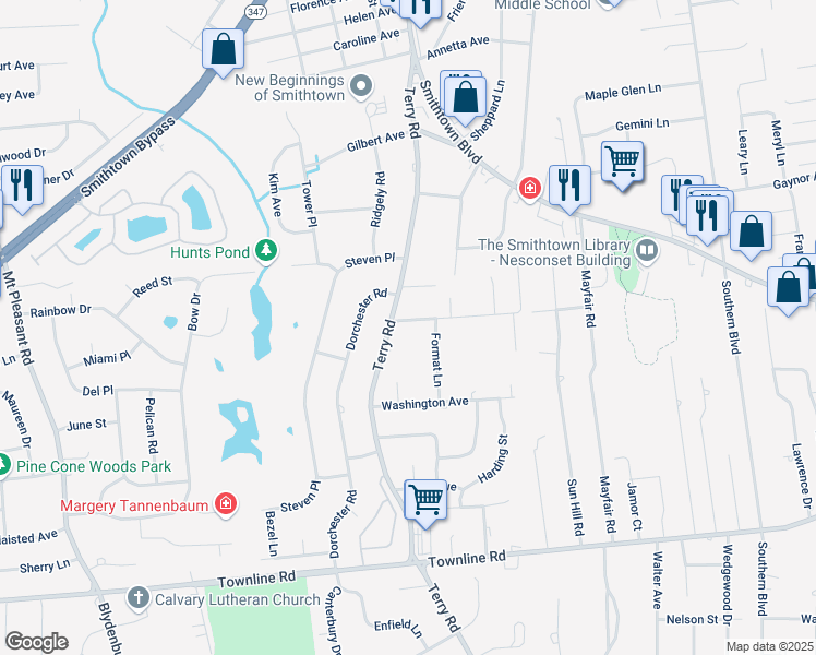 map of restaurants, bars, coffee shops, grocery stores, and more near 4 Lincoln Avenue in Smithtown