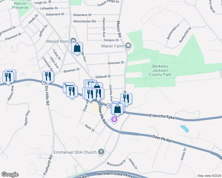 map of restaurants, bars, coffee shops, grocery stores, and more near Juanita Avenue & Henry Street in Huntington