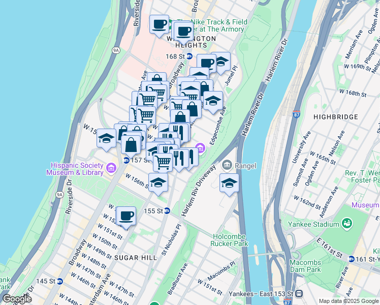map of restaurants, bars, coffee shops, grocery stores, and more near 10 Sylvan Terrace in New York