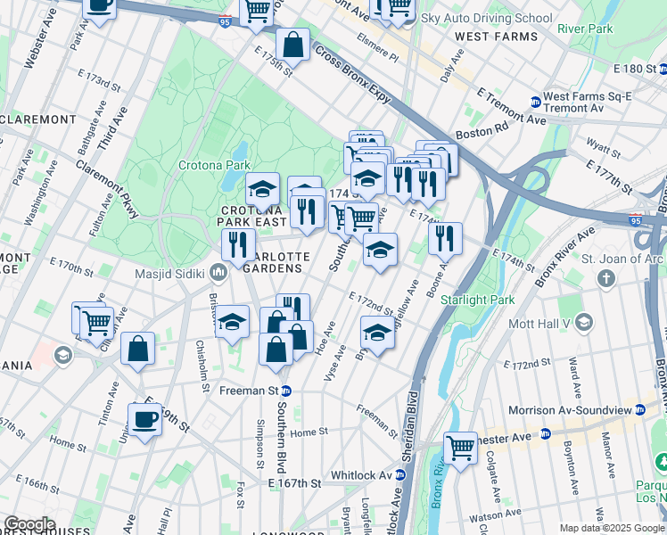 map of restaurants, bars, coffee shops, grocery stores, and more near in The Bronx